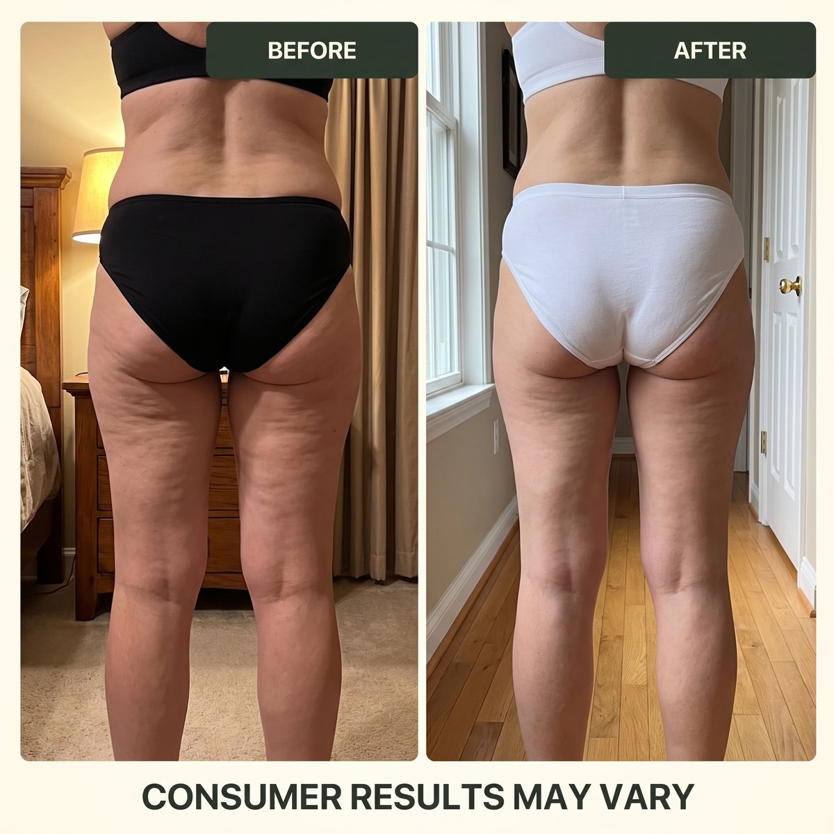 Back of the thighs and booty before and after four weeks of daily use