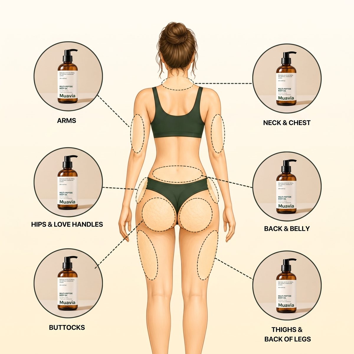 Where women use Muavia: upper arms, elbows, thighs, bum, knees, shins