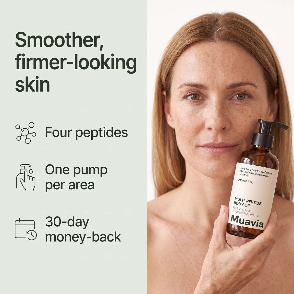 Smoother, firmer-looking skin: four peptides, one pump per area, 30-day money-back