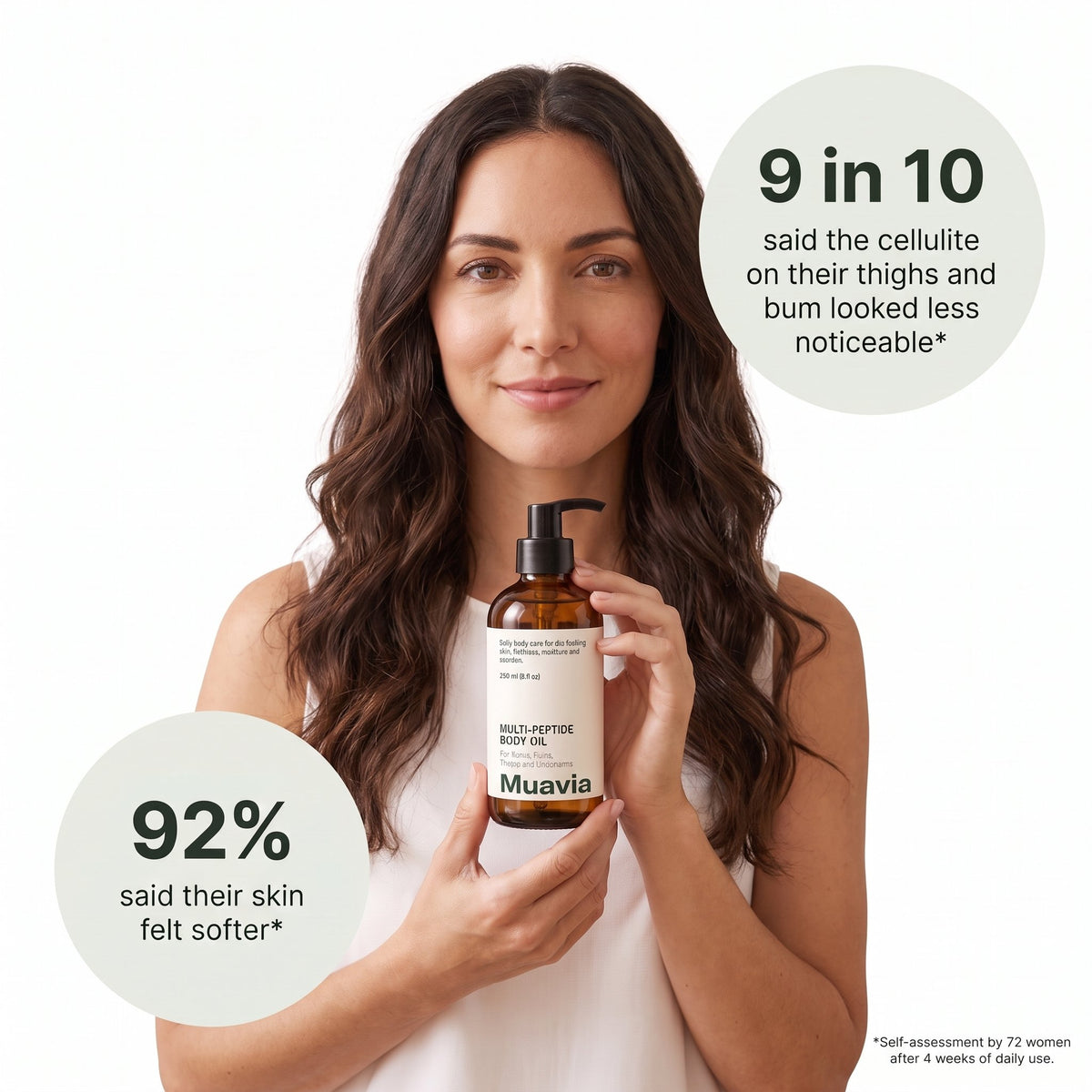 9 in 10 women said the cellulite on their thighs and bum looked less noticeable; 92% said their skin felt softer. Self-assessment by 72 women after 4 weeks of daily use