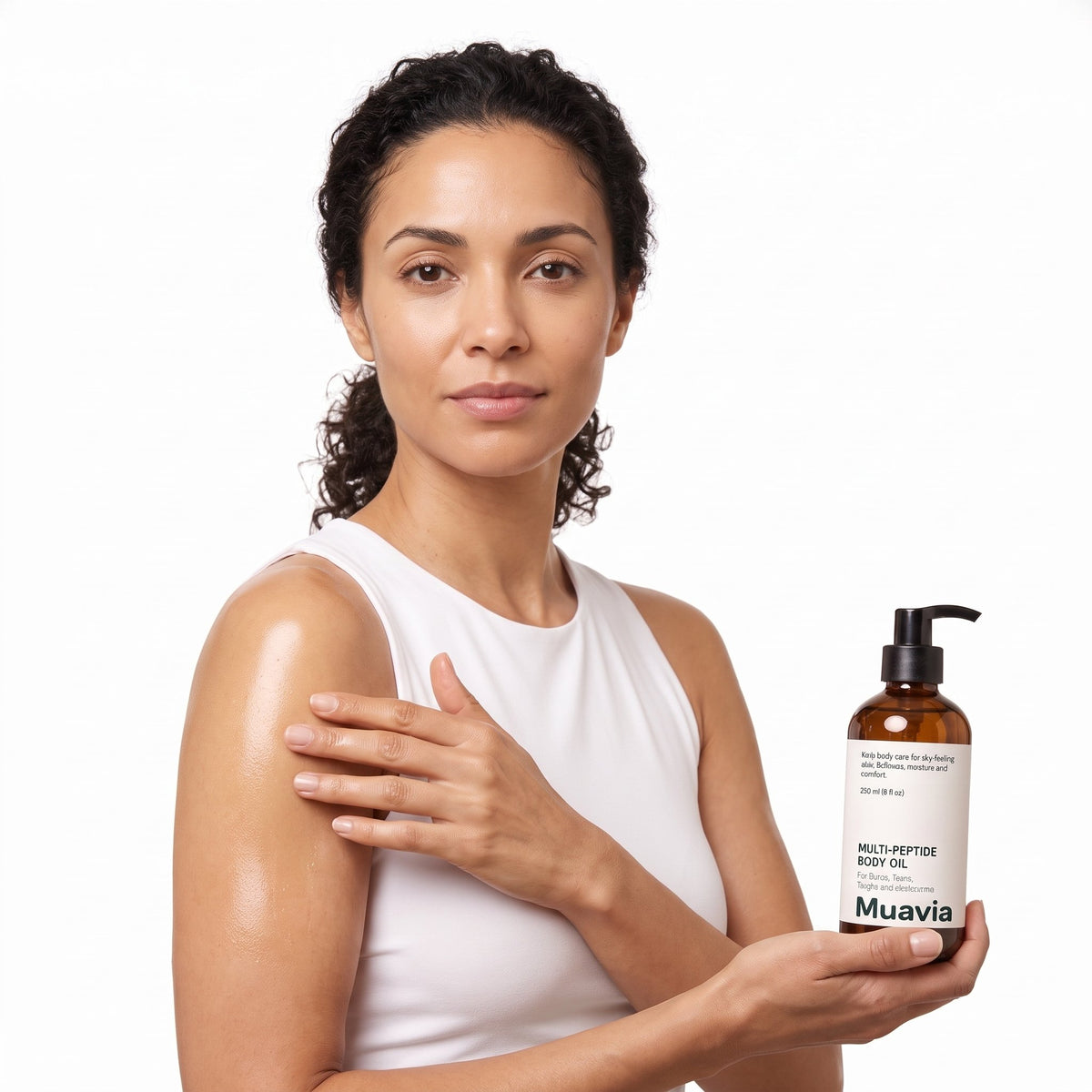 Smoothing Muavia oil onto the upper arm