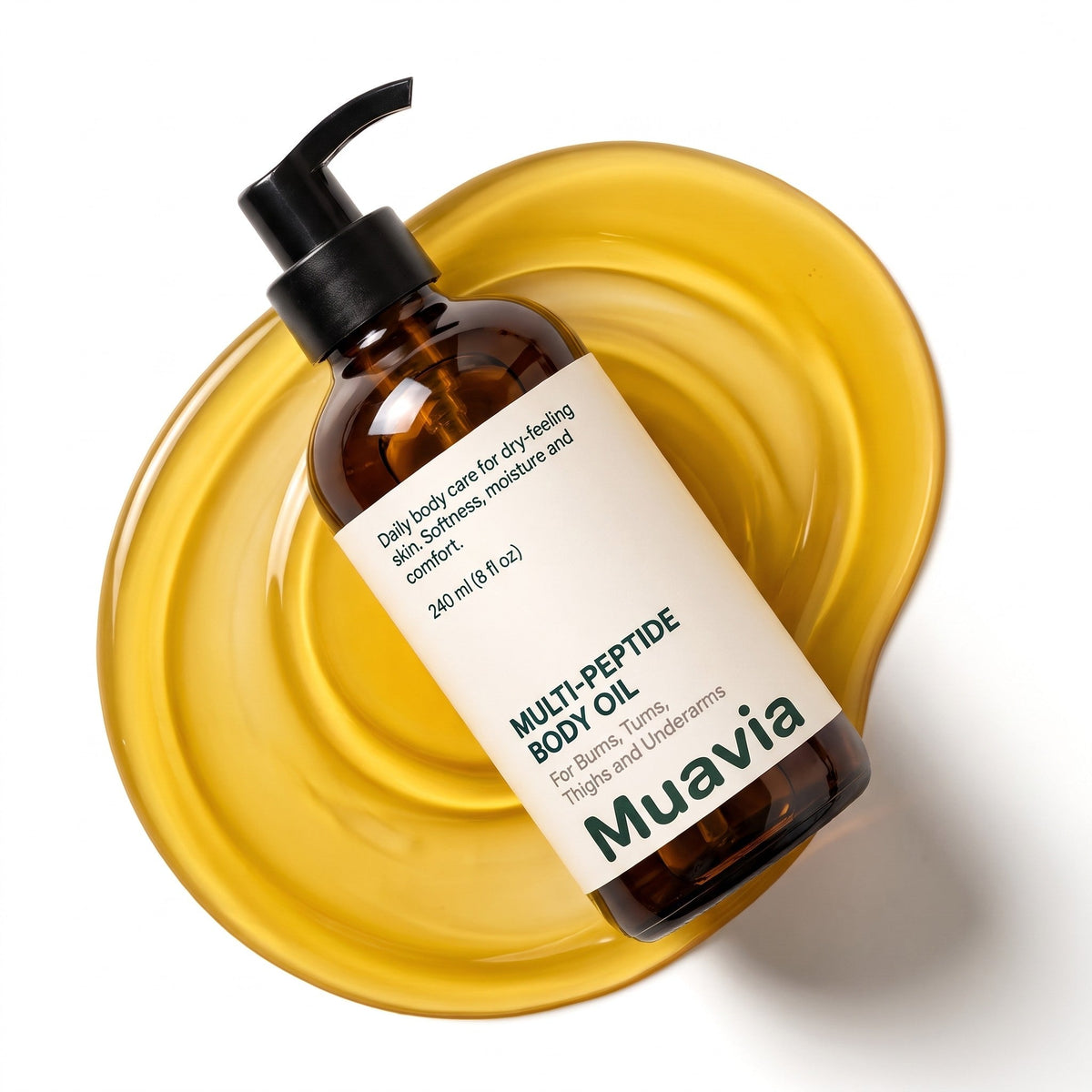 Muavia Multi-Peptide Body Oil on a swirl of oil